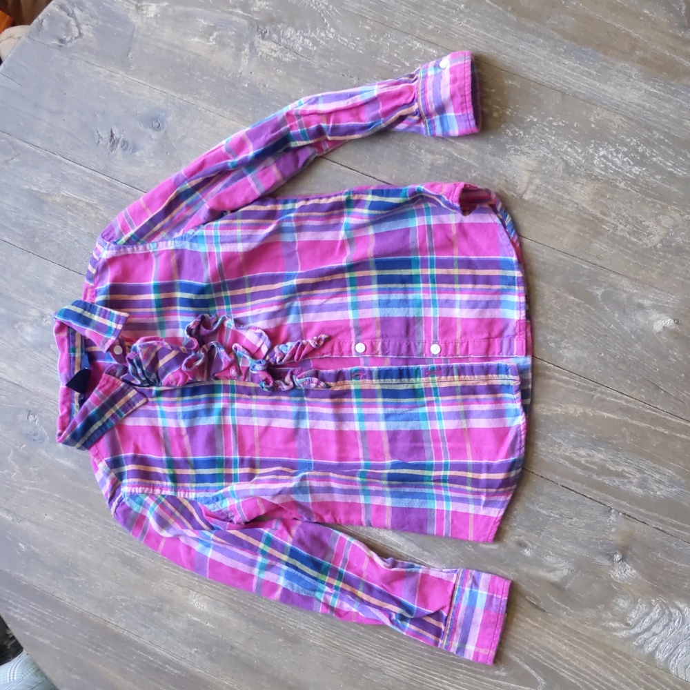 Size 6 Ralph Lauren plaid checkered button down shirt blouse ruffle details